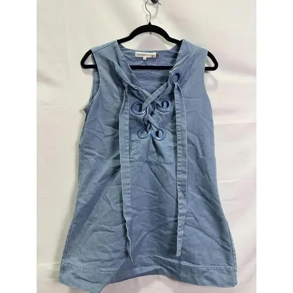 English Factory Blue Denim Lace Up Mini Dress Size M with Paint Chipping on Ring - Picture 2 of 7